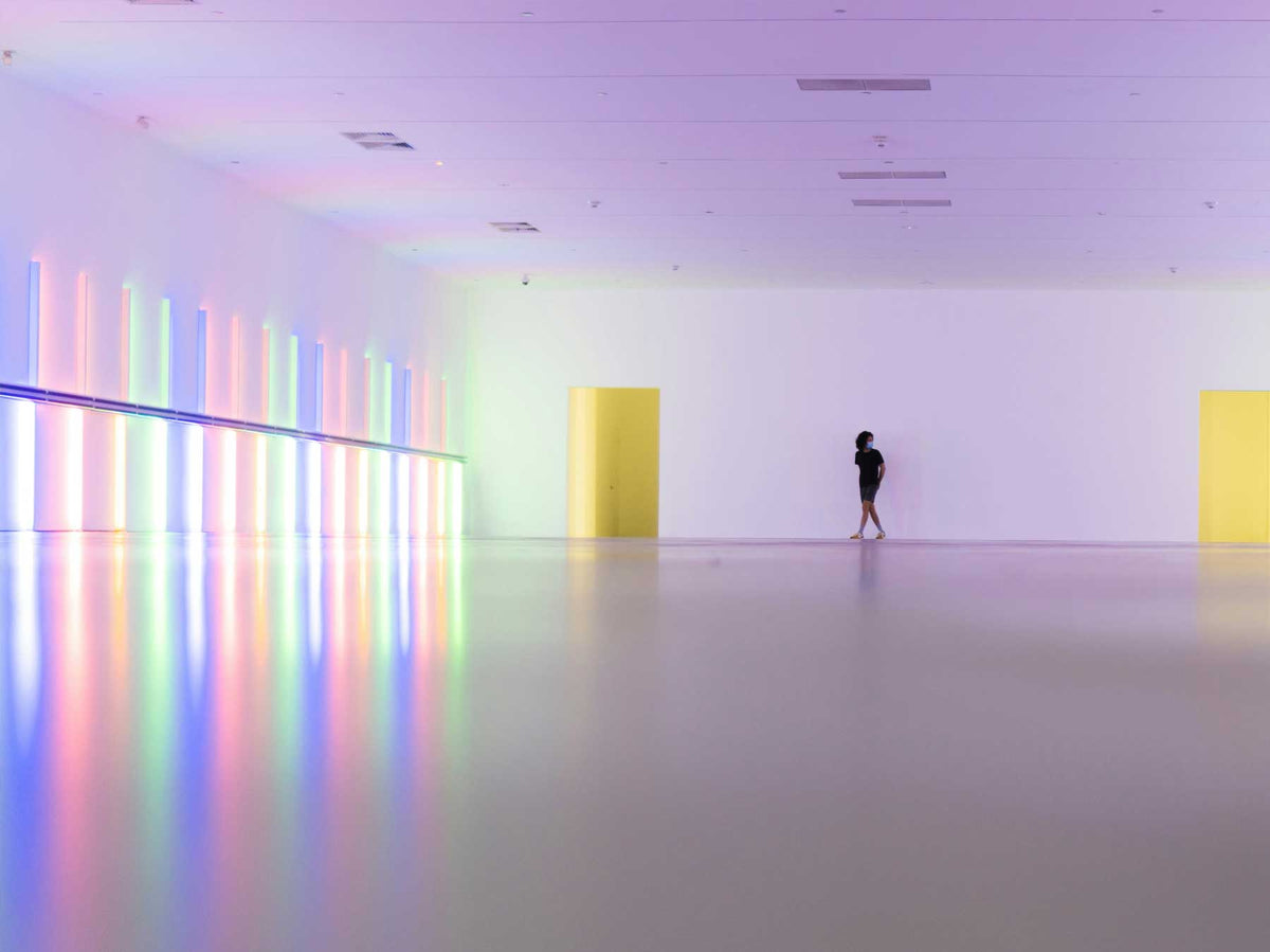 A large-scale coloured light installation filling a museum hall, with a single visitor in the distance