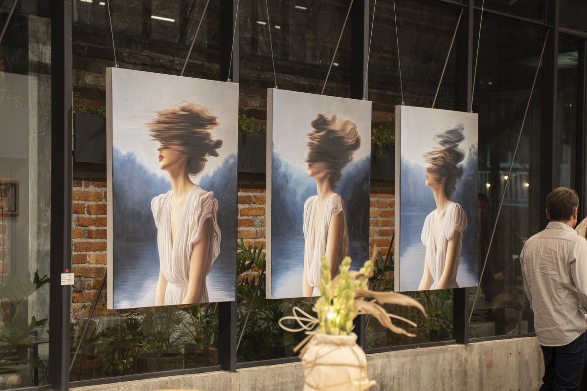 Three works from JoCa's Echoes of Haworth hung on wires at Galera 32, Mexico City