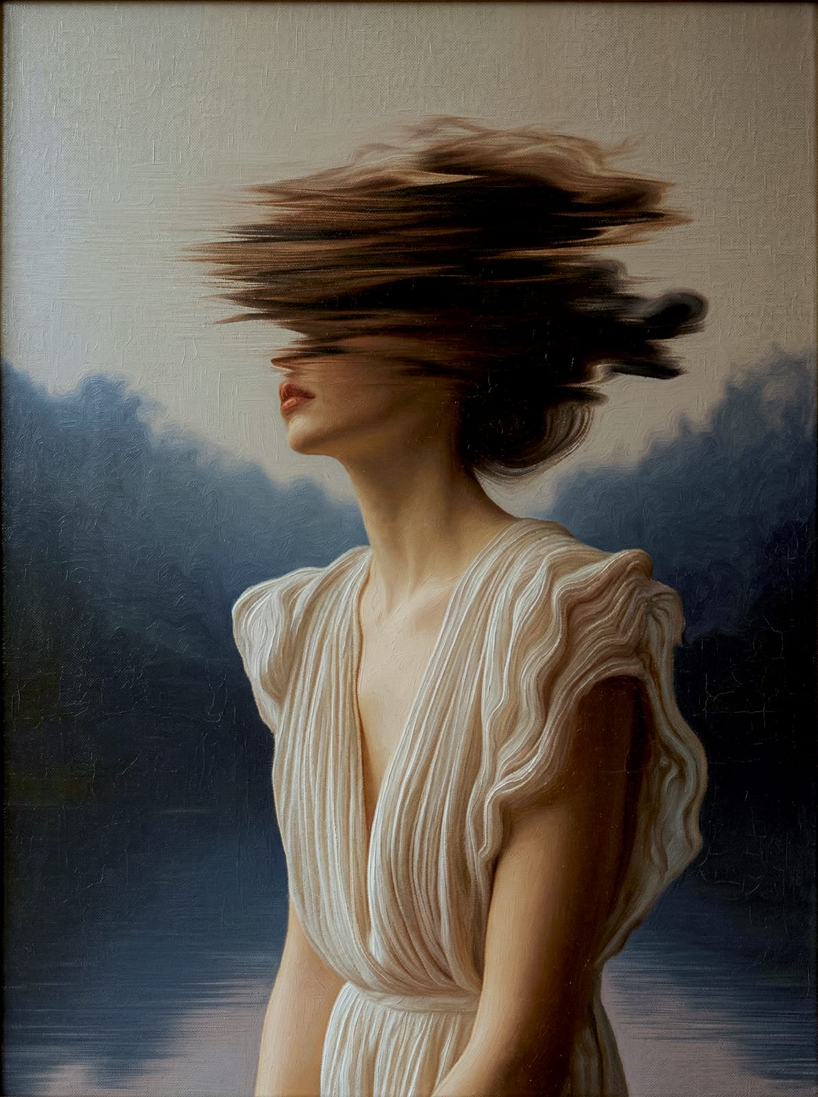 Winter's Morning (1) by JoCa - oil on canvas, 120 x 100 cm. A woman in a pale pleated dress before a misty lake, her face obscured by hair caught mid-motion.