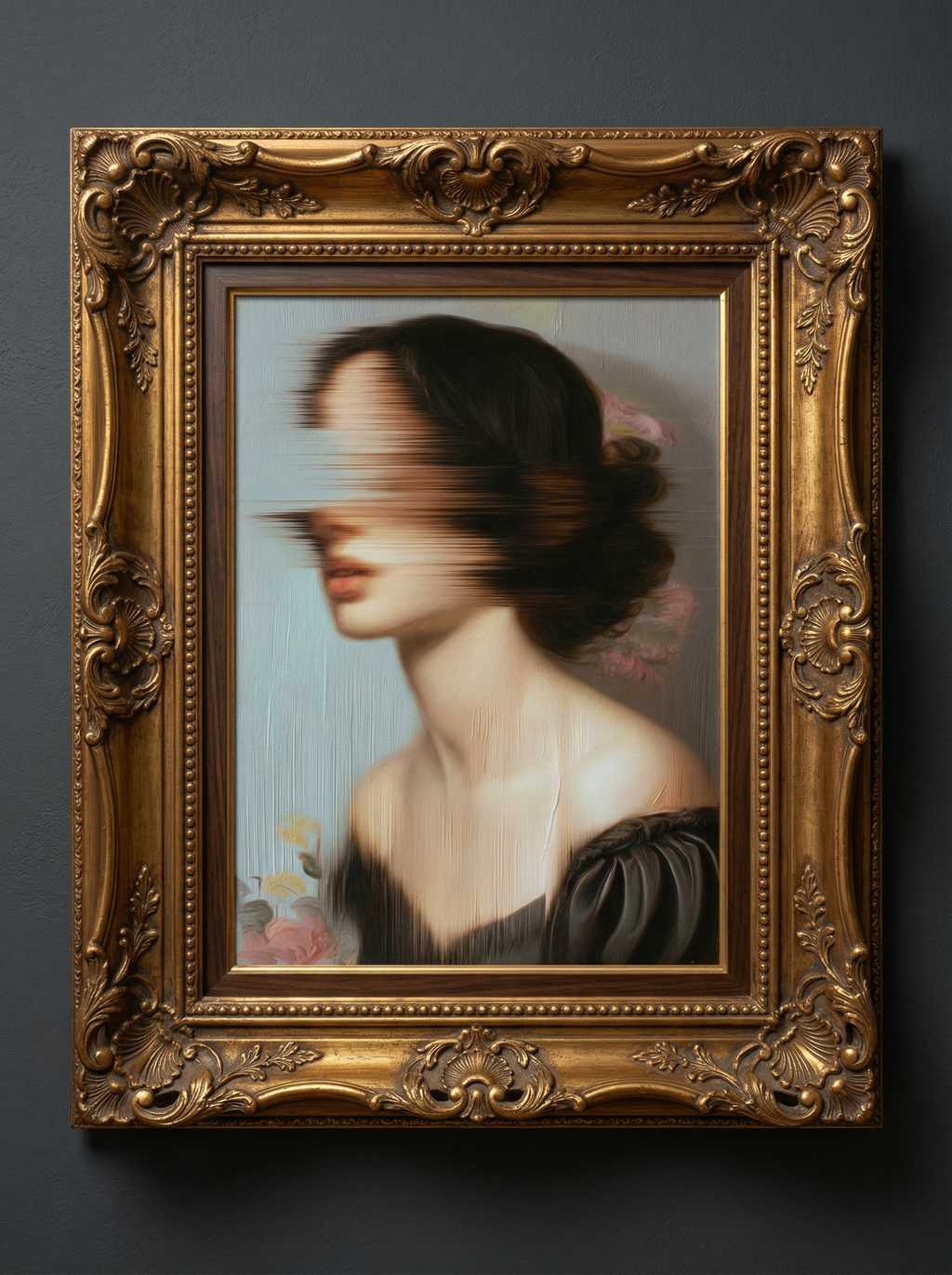 Acton Bell (Anne Brontë) by JoCa — the painting in an ornate gilded frame on a dark grey wall
