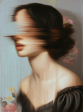 Acton Bell (Anne Brontë) — oil on canvas by JoCa: figure in profile, eyes smeared into horizontal streaks, roses at lower left