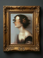 Currer Bell (Charlotte Brontë) by JoCa — the painting in an ornate gilded frame on a dark grey wall