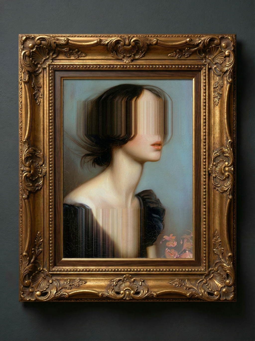 Ellis Bell (Emily Brontë) by JoCa — the painting in an ornate gilded frame on a dark grey wall