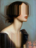 Ellis Bell (Emily Brontë) — oil on canvas by JoCa: figure in profile on a blue-grey ground, face broken into vertical bands of color