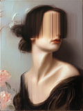 Ellis Bell (Emily Brontë) 2 — oil on canvas by JoCa: bare-shouldered figure, eyes hidden behind a vertical band of streaked color