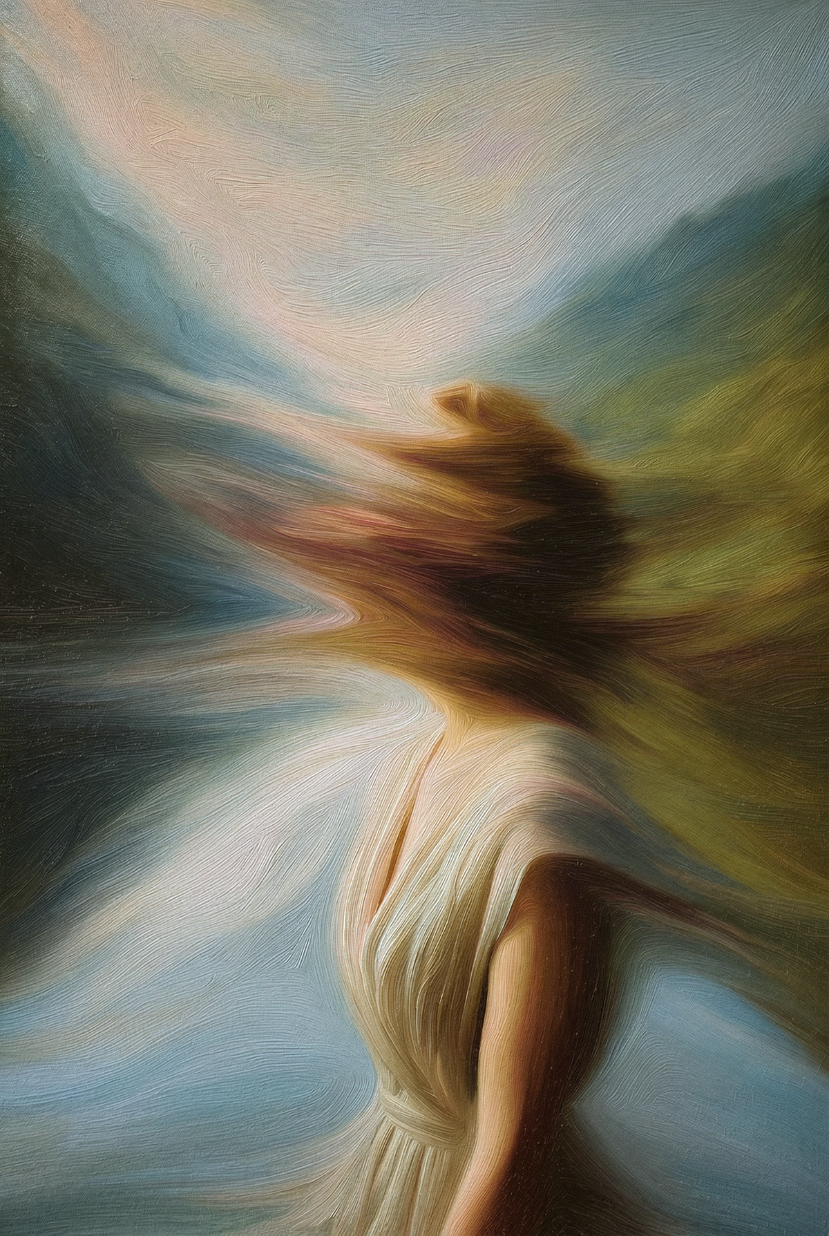 Catherine Earnshaw (1) — oil on canvas by JoCa: figure in a pale gown, head streaked into sweeping blue and gold brushwork
