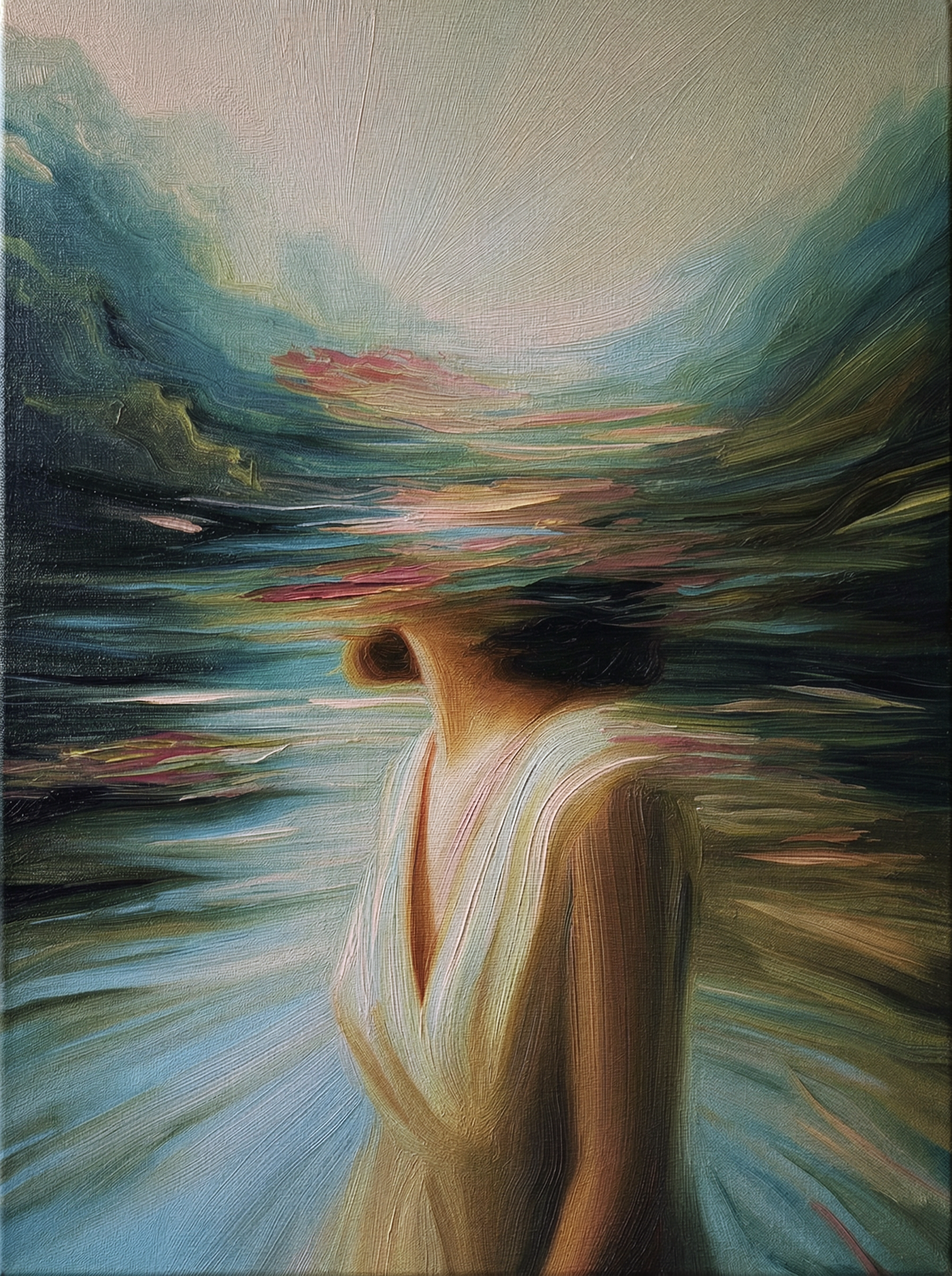Catherine Earnshaw (3) — oil on canvas by JoCa: figure in a pale gown, head dissolving into sweeping teal and pink brushstrokes