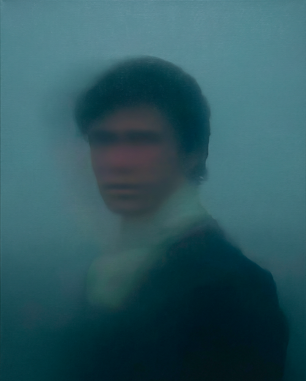 Dark Eyed Sailor (1) — oil on canvas by JoCa: dark-haired man glancing over his shoulder, his face dissolving into a teal haze