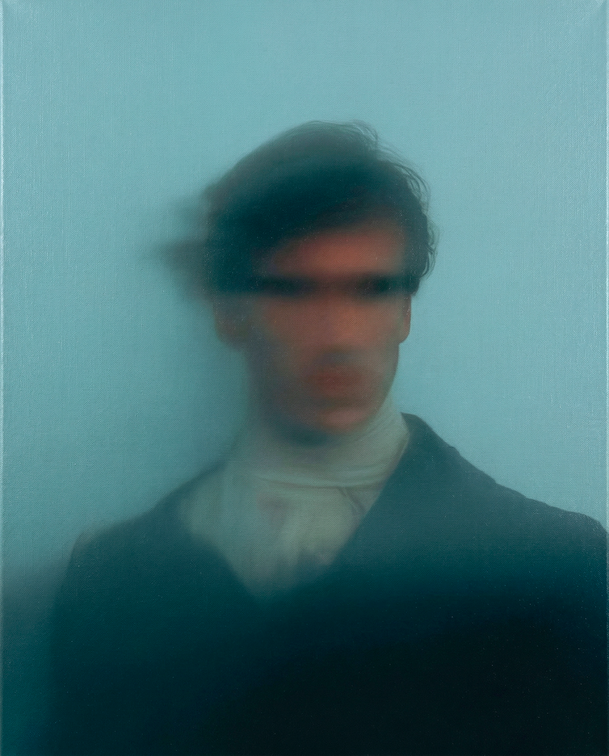 Dark Eyed Sailor (2) — oil on canvas by JoCa: man in a dark coat and pale cravat, a dark band blurred across his eyes, pale aqua ground