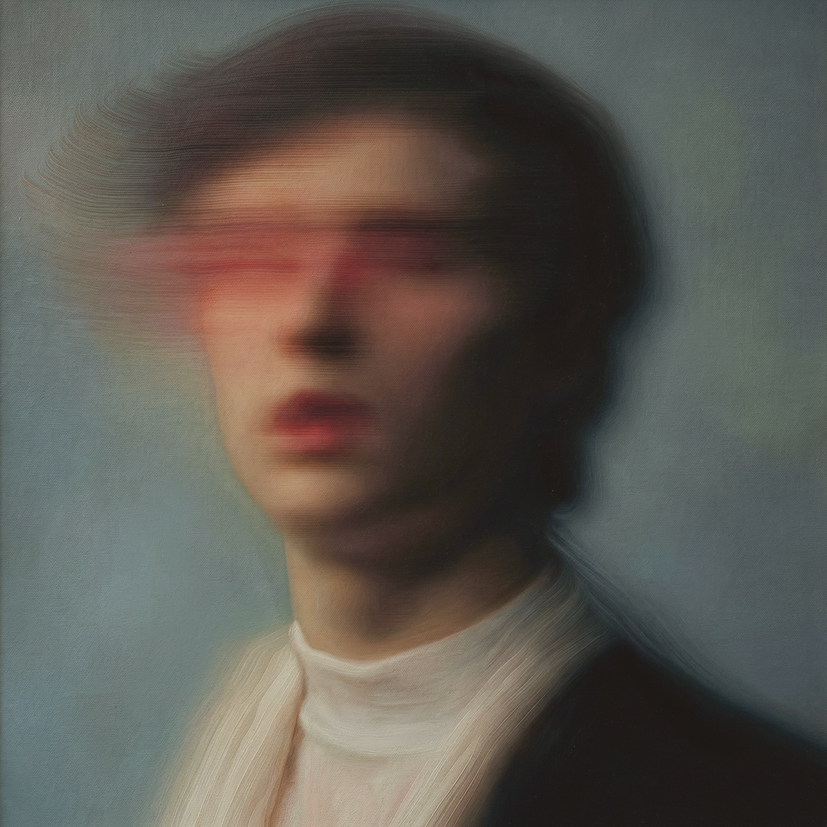 Heathcliff (1) — oil on canvas by JoCa: young man with swept dark hair, eyes blurred into a red horizontal streak, white high collar against a blue-grey ground