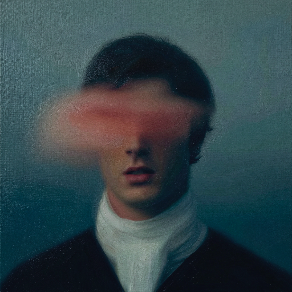 Heathcliff (3) — oil on canvas by JoCa: dark-haired young man whose eyes vanish behind a soft pink smear, white cravat against a deep teal ground