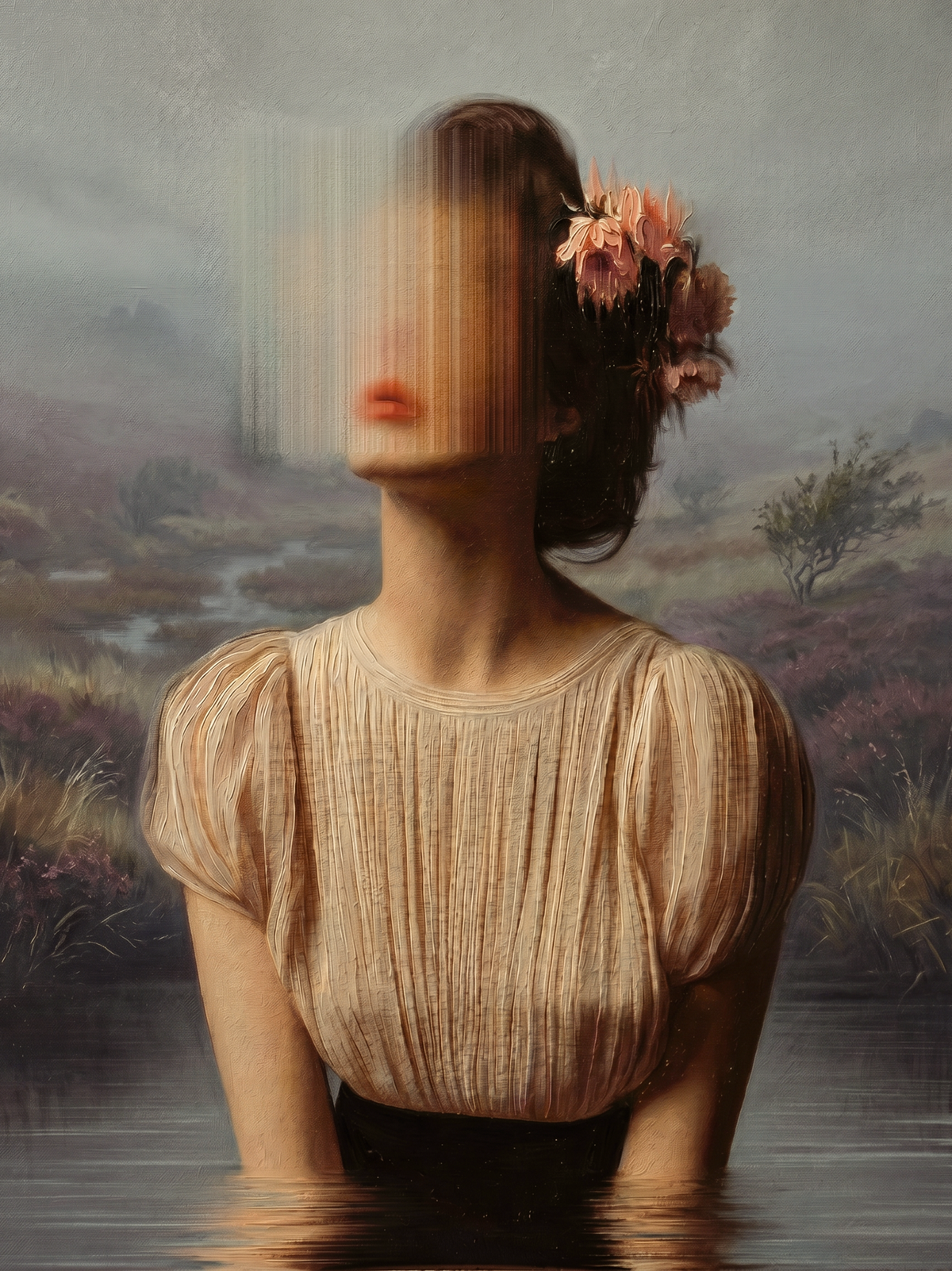 Jane Eyre (2) — oil on canvas by JoCa: a young woman in a cream blouse standing in water on the moors, her face blurred by vertical streaks, pink flowers in her hair