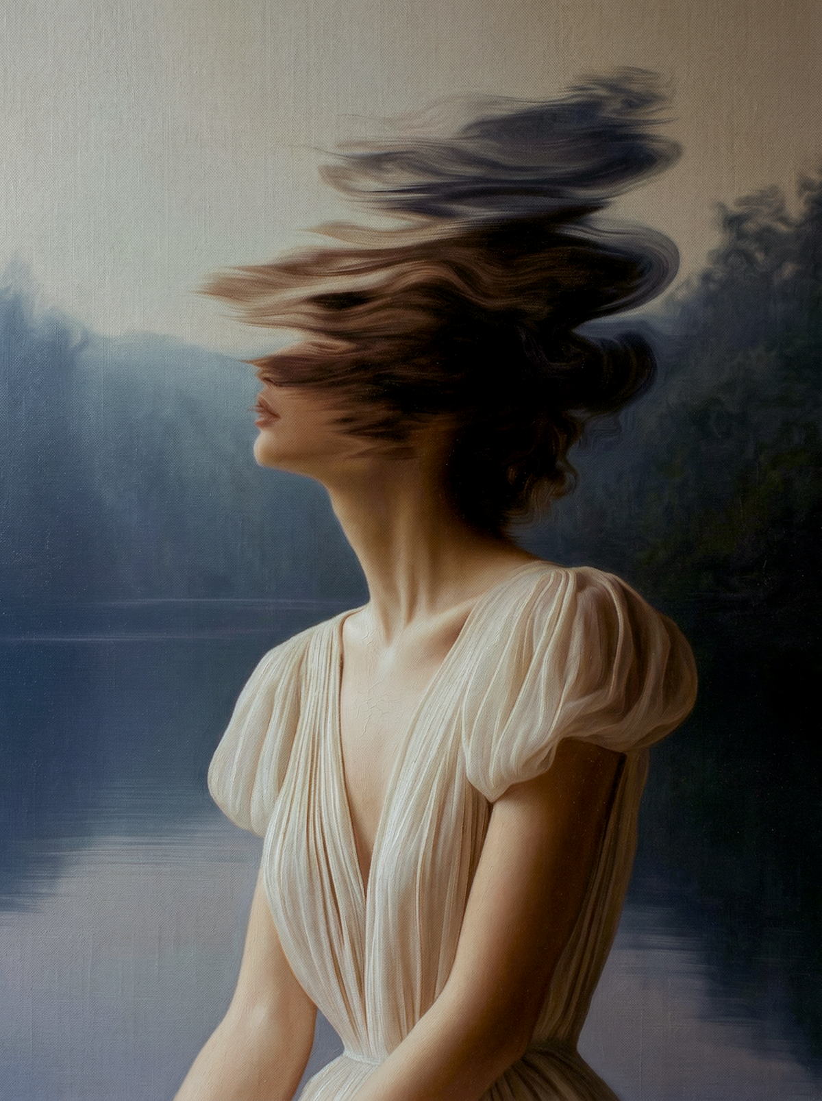 Winter's Morning (3) — oil on canvas by JoCa: figure in a pale gown, hair blurred over the face, misty lake behind