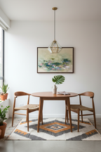Artwork in dark wooden frame above midcentury dining area
