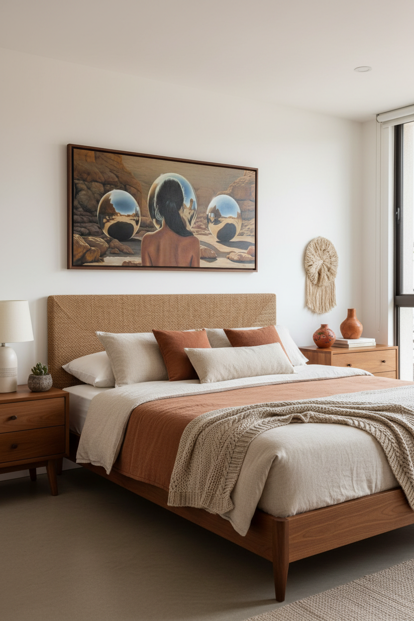 Contemplando Universos Internos above bed in midcentury bedroom