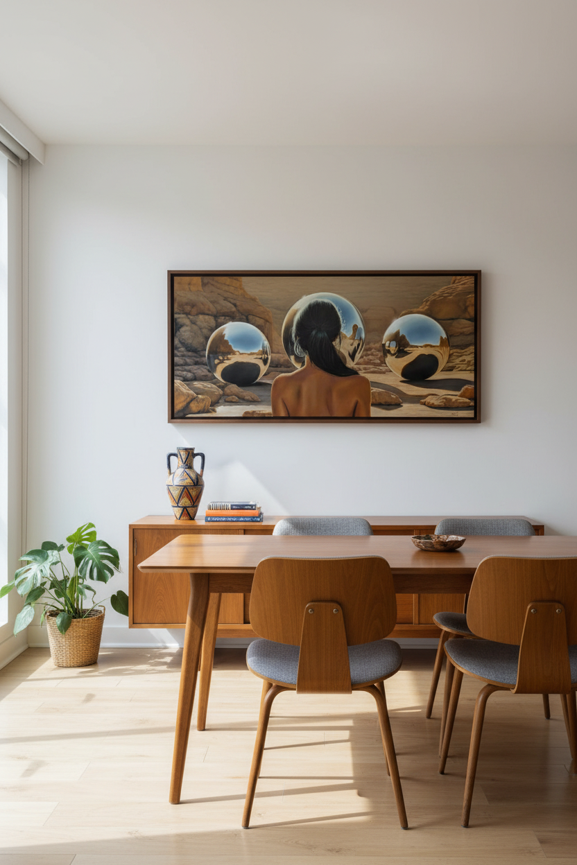 Contemplando Universos Internos in midcentury dining room