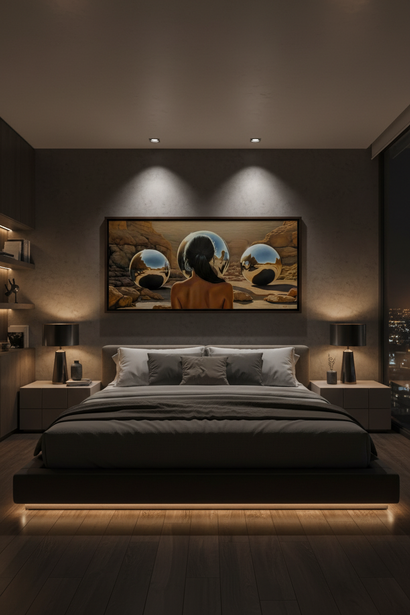 Contemplando Universos Internos in modern bedroom at night