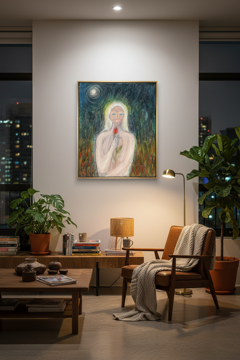 Eve oil painting in lived-in Mexico City apartment at night