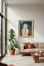 Eve oil painting with dimensional depth in golden frame