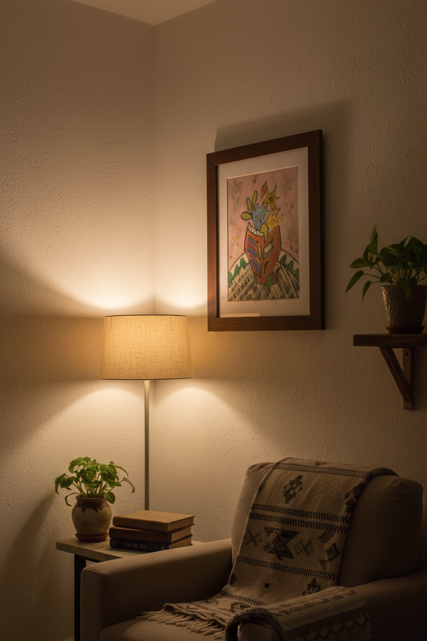 Flores I in cozy nighttime setting without string lights