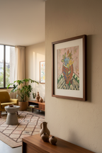 Flores I in dark wooden frame from angled perspective