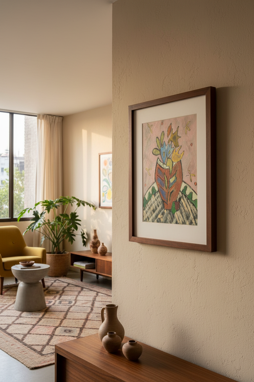 Flores I in dark wooden frame from angled perspective