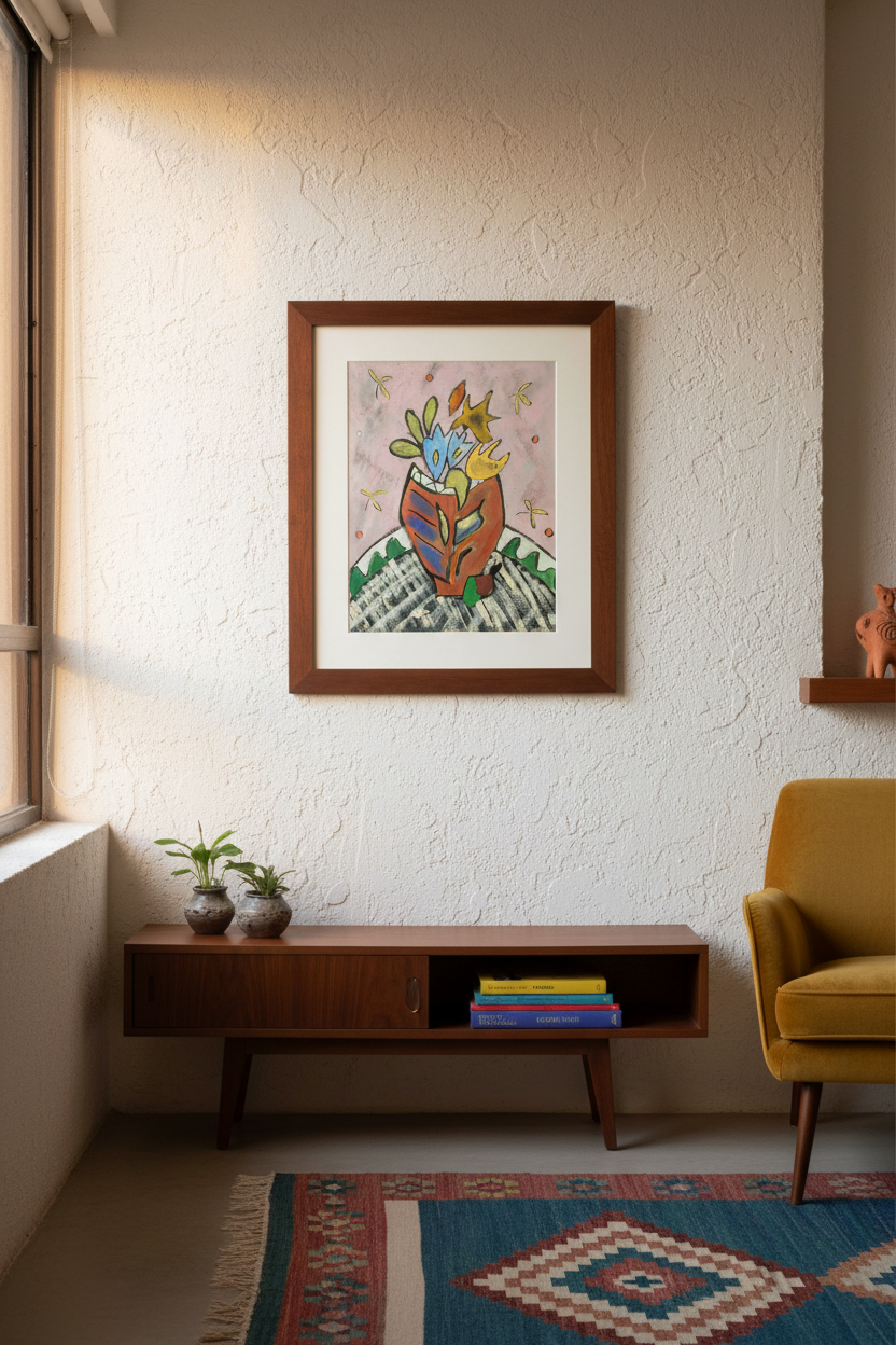 Flores I in dark wooden frame in mid-century Mexico City apartment