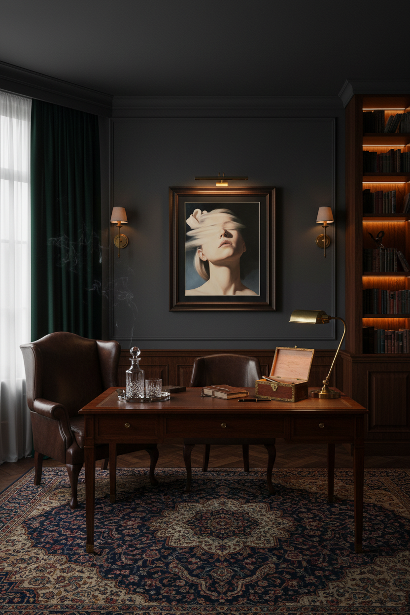 Ghastlighting artwork in dark cigar lounge style writer's studio