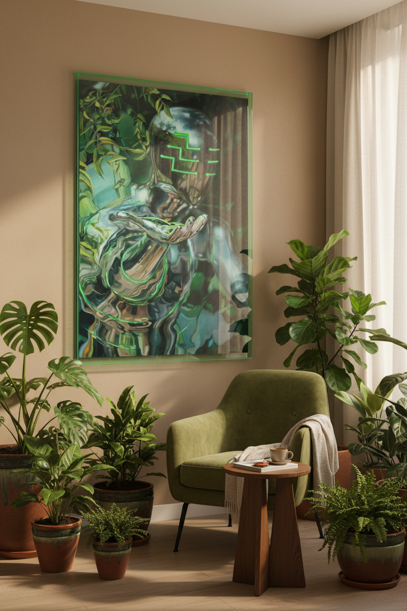 La Invitación in ultra-slim green acrylic frame in niche sitting area
