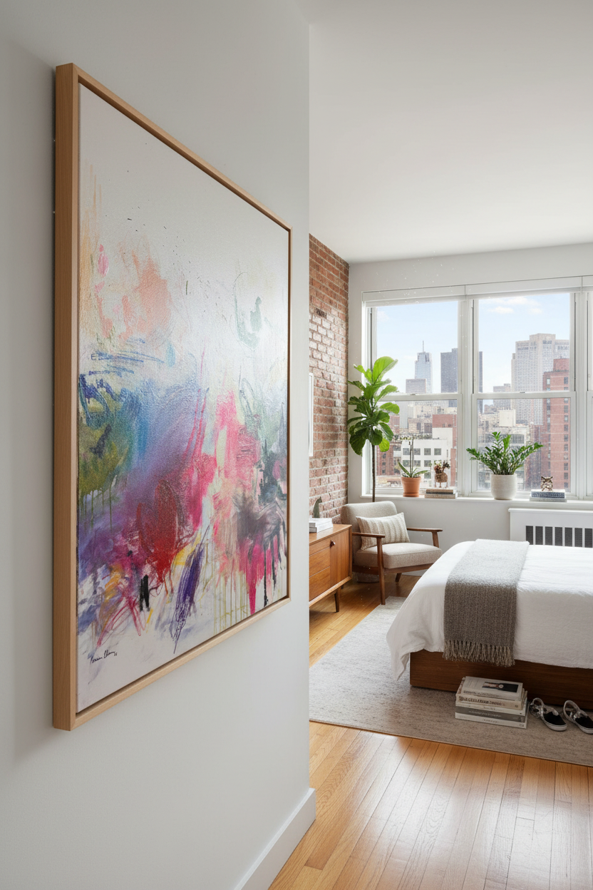 Love Story painting angled view in NYC bedroom