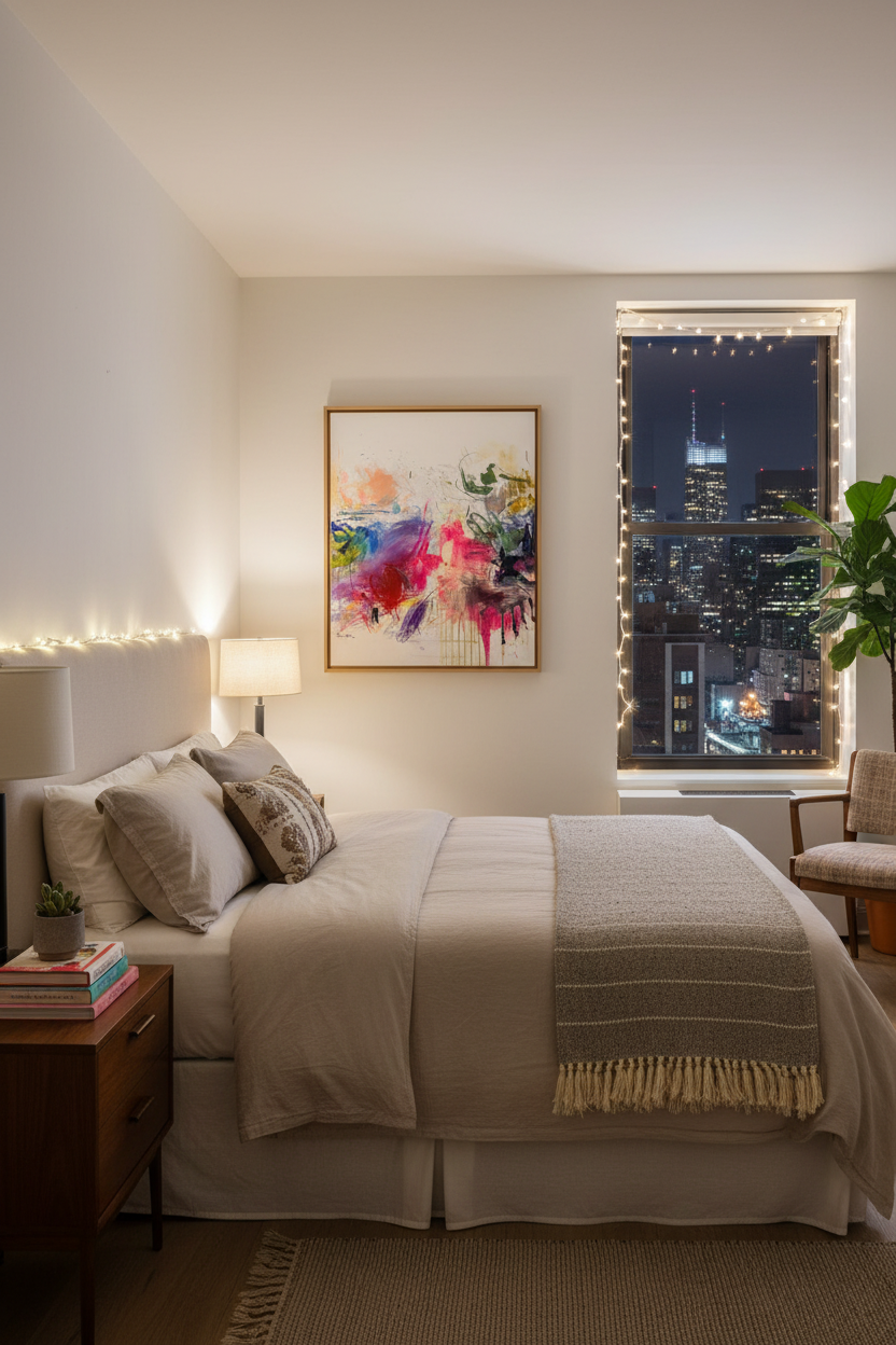 Love Story painting nighttime view in NYC bedroom
