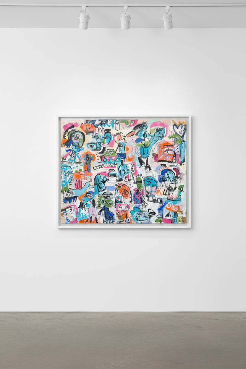 Mapa De Identidad in white floater frame in NYC gallery