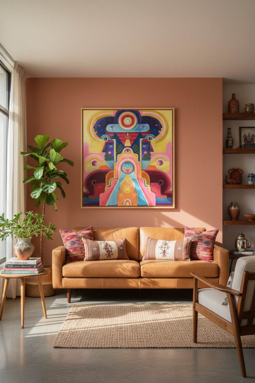 Open Your Eyes artwork with light wooden frame in midcentury Mexican home