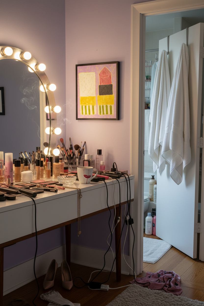 Rouge Hermès Artwork Above Makeup Station by Bathroom