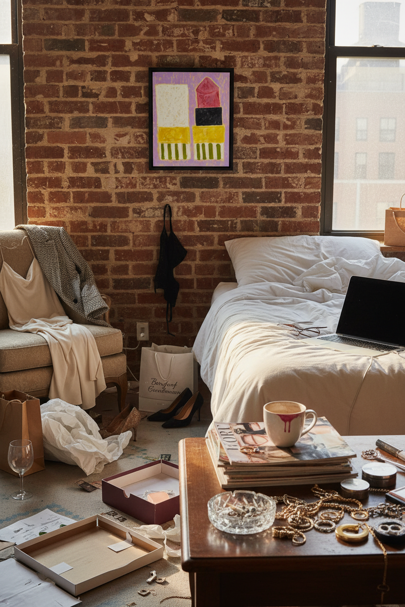Rouge Hermès Artwork in Lived-In Sex and the City Bedroom