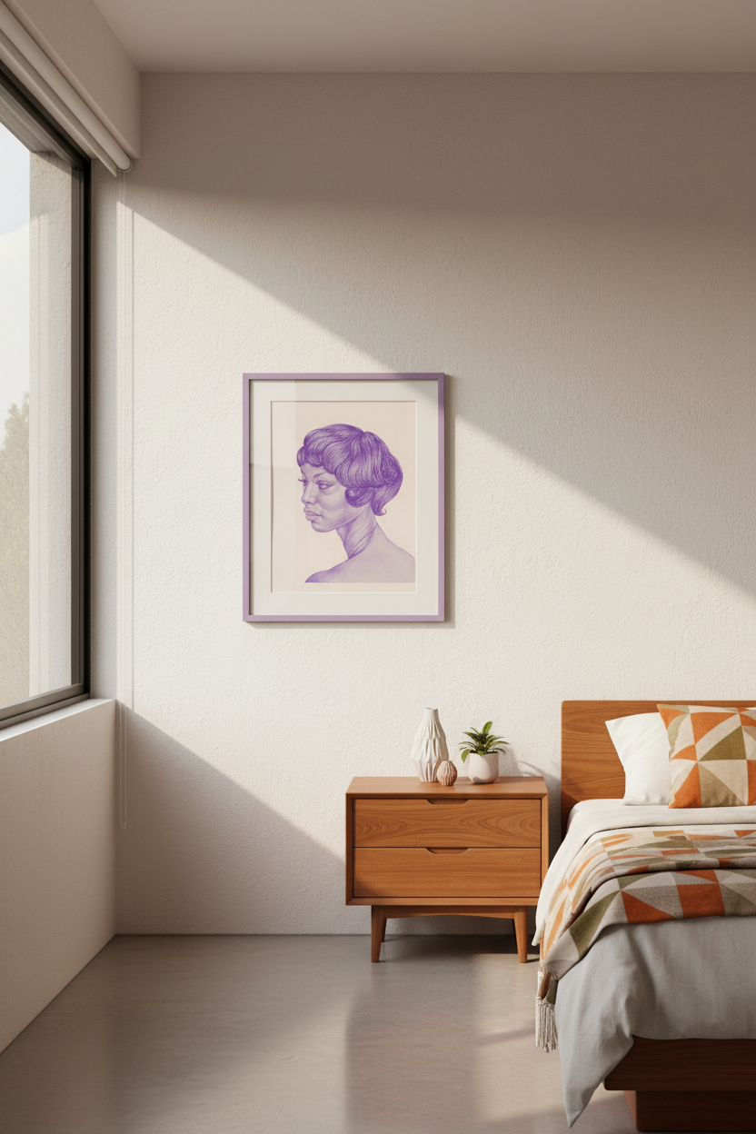 Study of Elle artwork in lavender frame at an angle in Mexico City midcentury bedroom