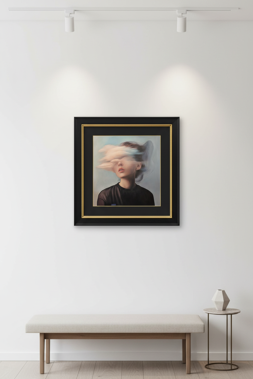 The Dreamer 5 square artwork in black frame with gold lining