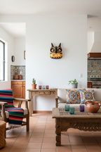 Tigre artwork in Mexican kitchen-style living room