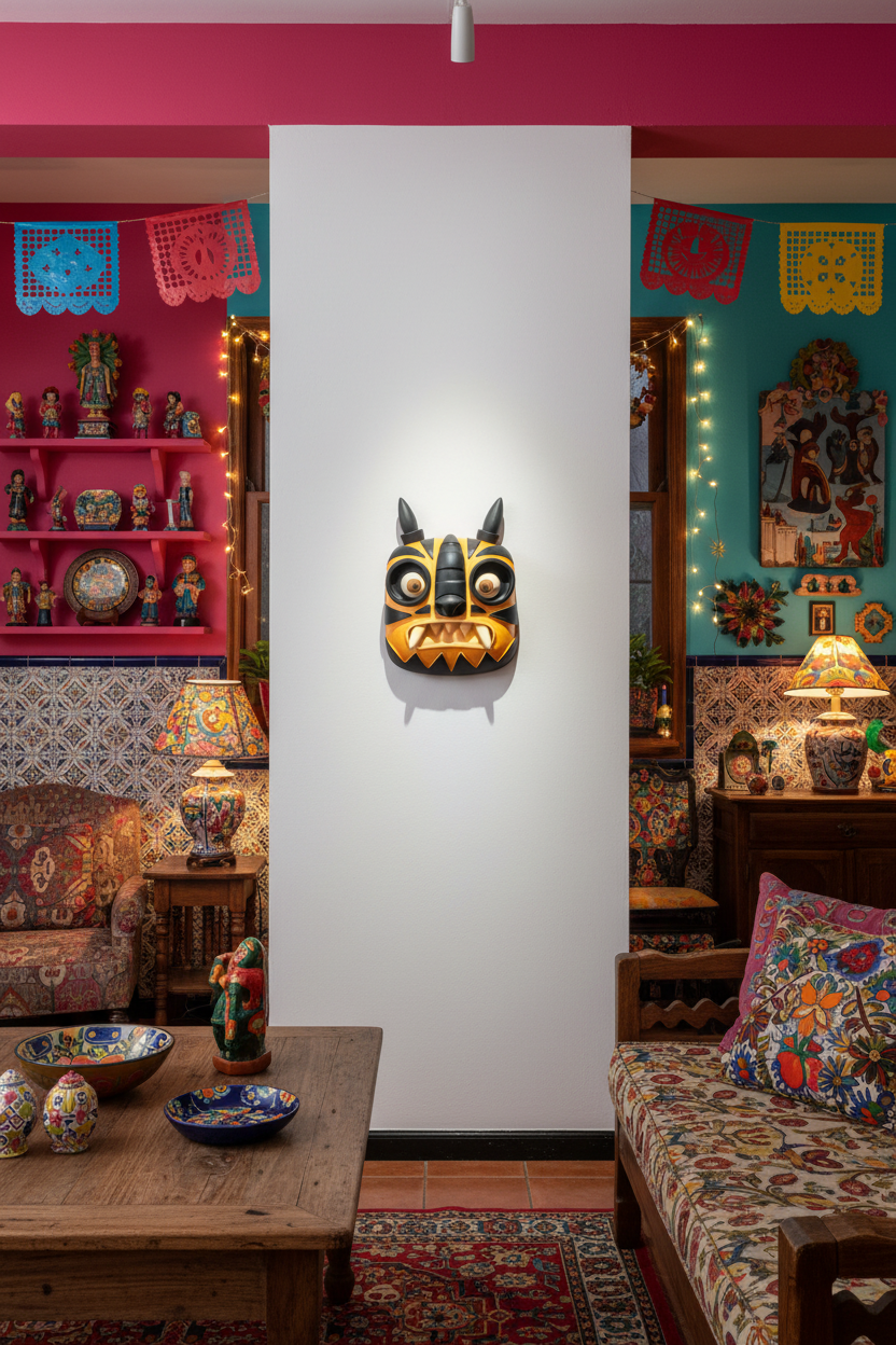 Tigre artwork in Mexican kitsch living room at night