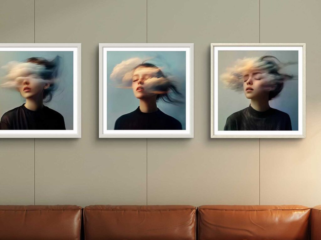 Three framed photographic portraits hung above a leather sofa in a living room